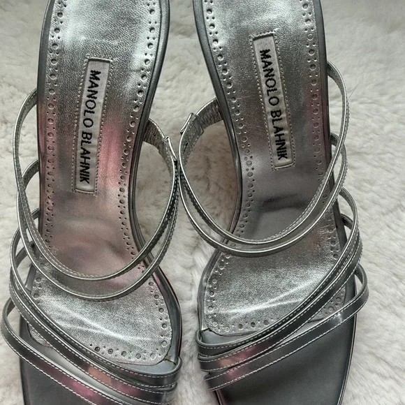 Manolo Blahnik Metallic Silver Strappy Heels